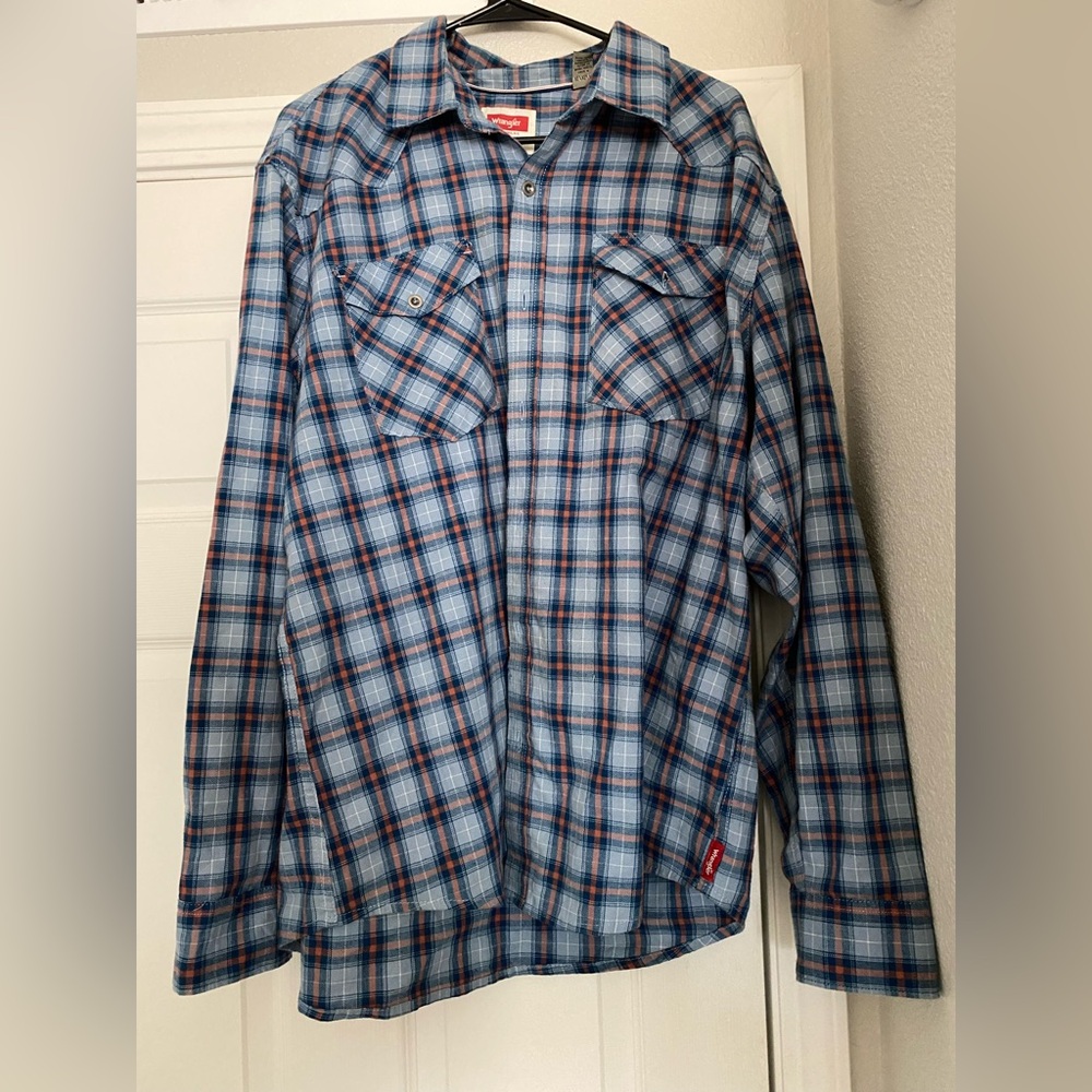 Wrangler Mens Western Long Sleeve Shirt Size XL Blue Plaid Flannel Button Up